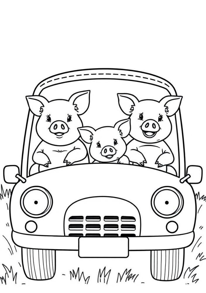 A família Pig em um passeio de carro para colorir