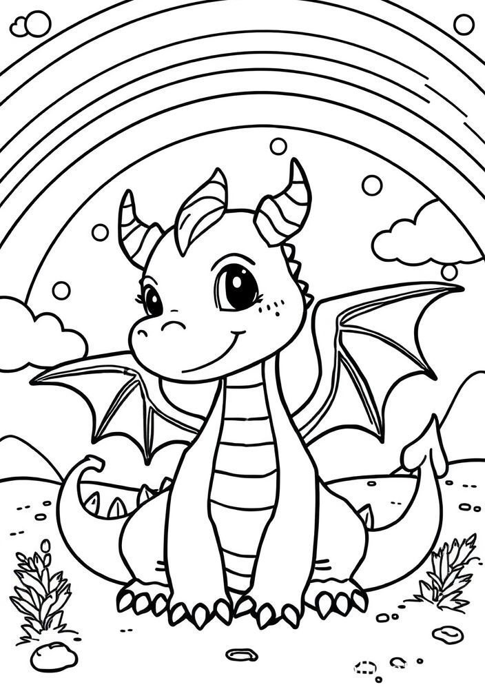 Arco-íris e Dragão Fofinho para colorir