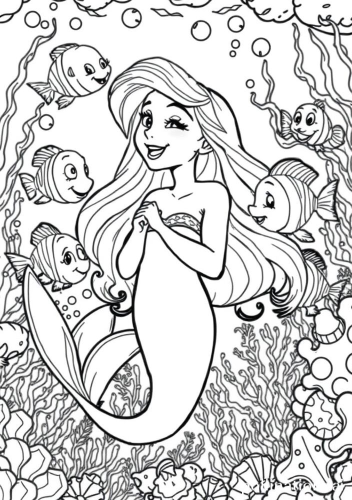 Ariel cantando com outros peixes para colorir