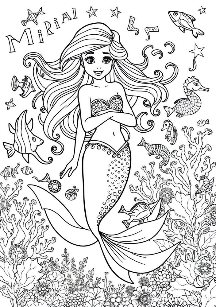 Ariel com seus amigos animais marinhos para colorir