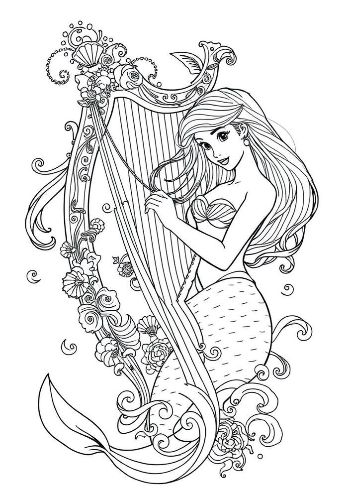 Ariel com uma harpa subaquática para colorir
