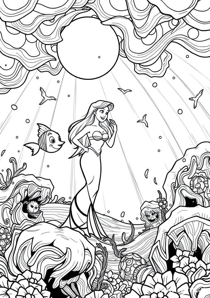 Ariel durante uma tempestade no mar para colorir