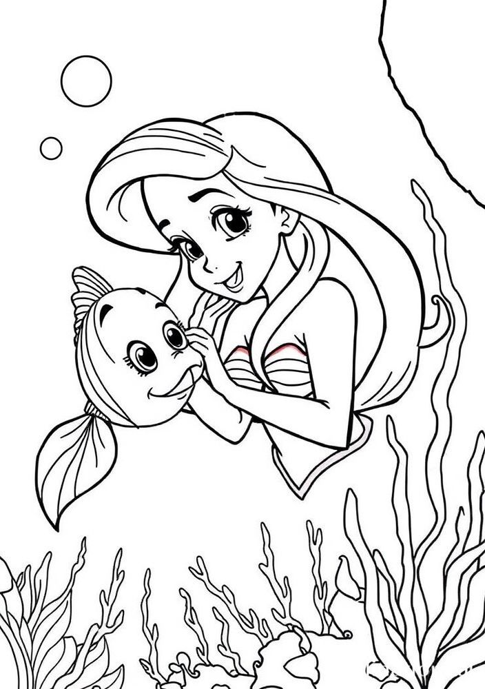 Ariel e Flounder se divertindo na água para colorir