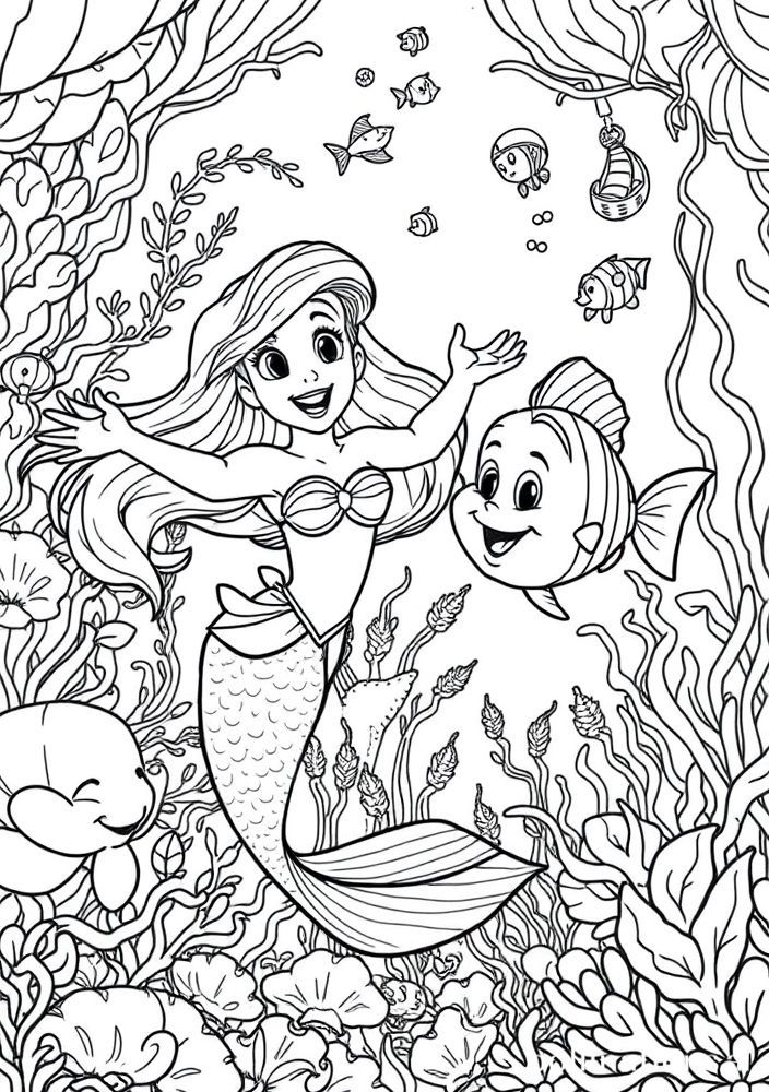 Ariel e Flounder se divertindo para colorir