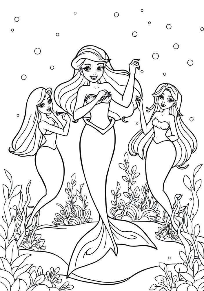 Ariel e as sereias dançando em uma festa do oceano para colorir