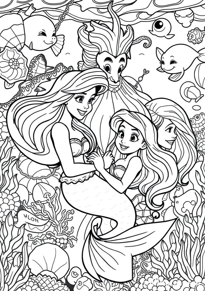 Ariel e o Tritão juntos em uma cena familiar para colorir