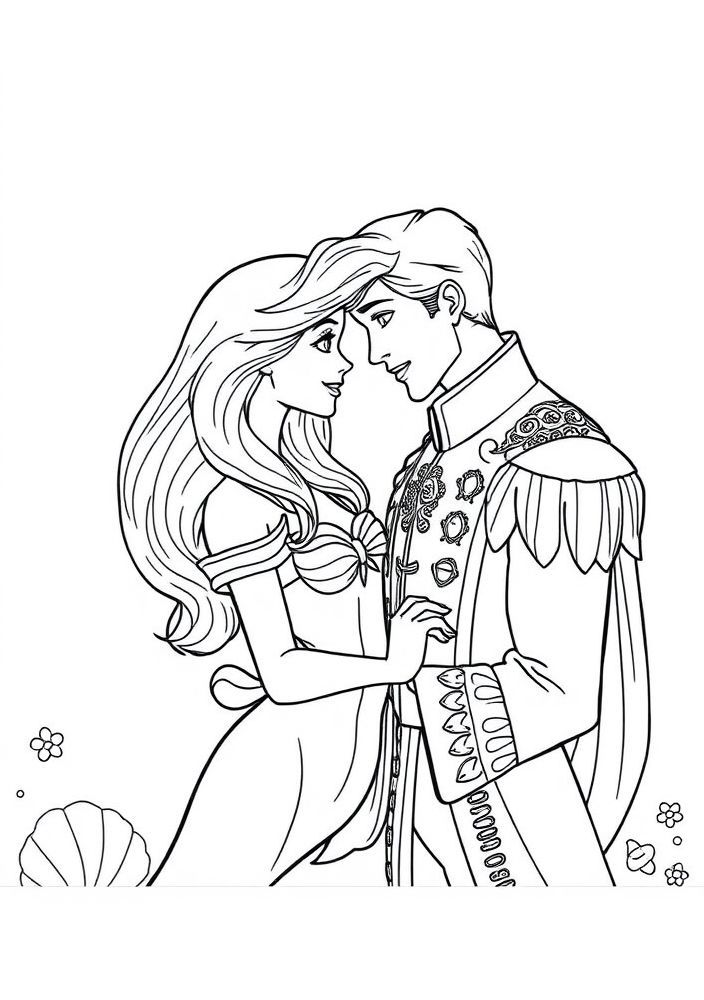 Ariel e o príncipe Eric em uma cena romântica para colorir