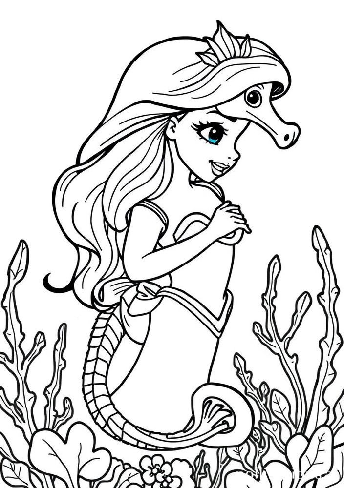 Ariel e o seahorse em uma linda cena subaquática para colorir