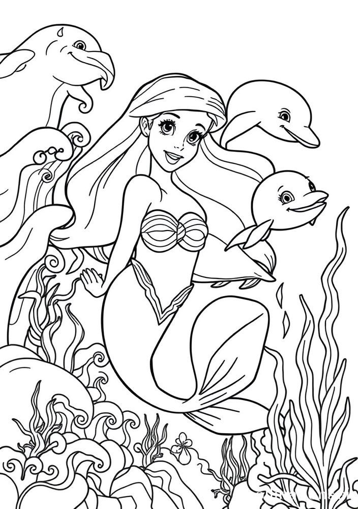Ariel e um golfinho amistoso para colorir