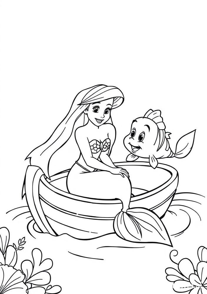 Ariel em seu barco com Flounder para colorir