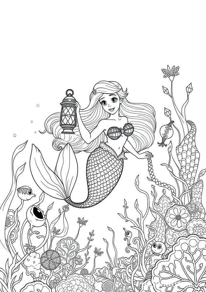 Ariel em uma aventura com uma lanterninha para colorir