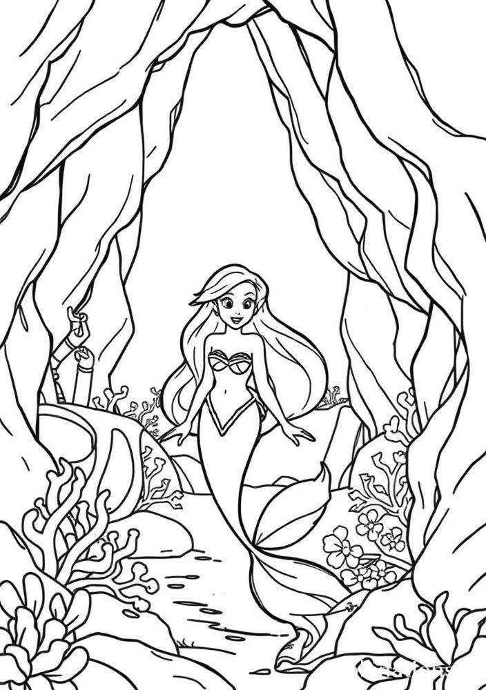 Ariel em uma caverna de tesouros para colorir