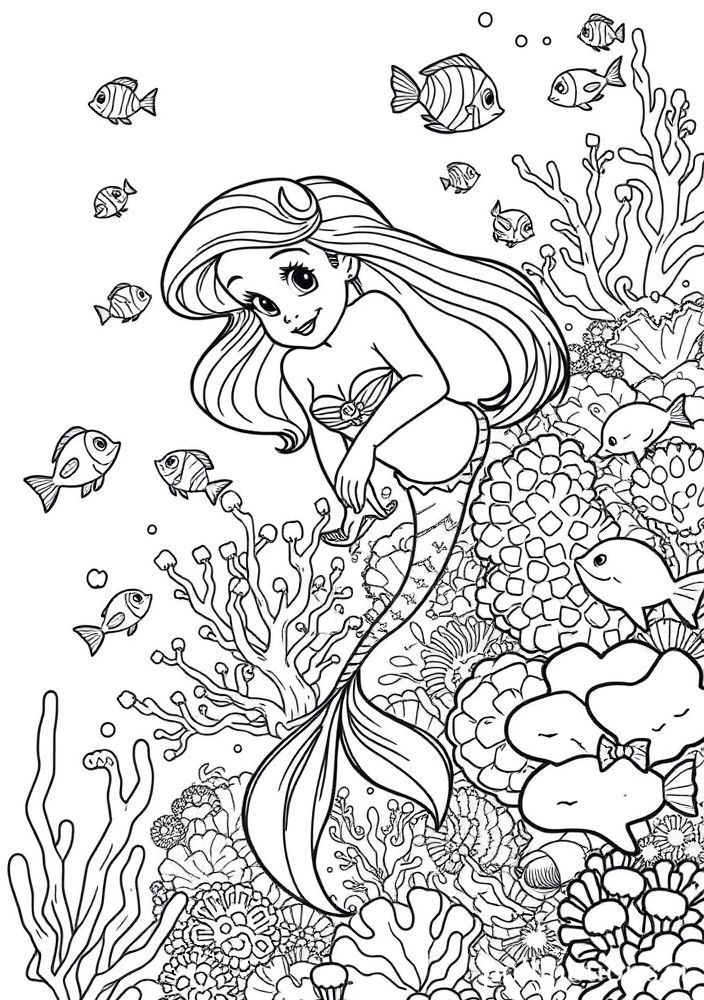 Ariel explorando um recife de corais para colorir