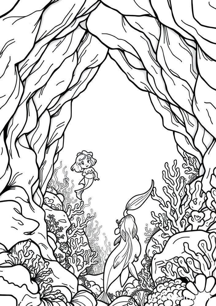 Ariel explorando uma caverna subaquática para colorir