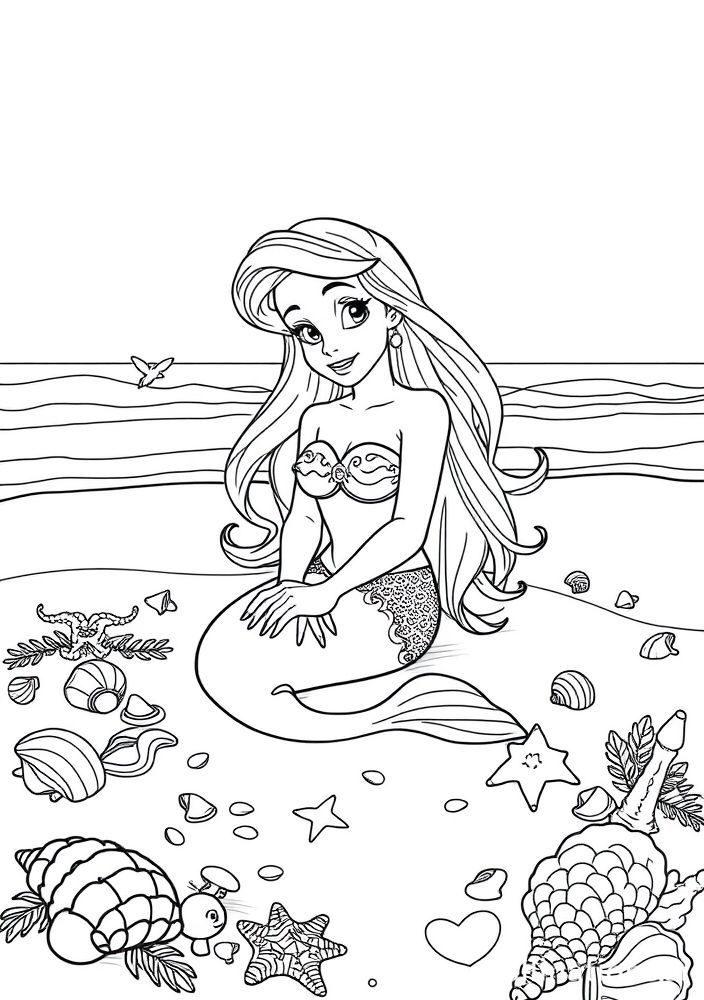 Ariel na praia com conchas para colorir