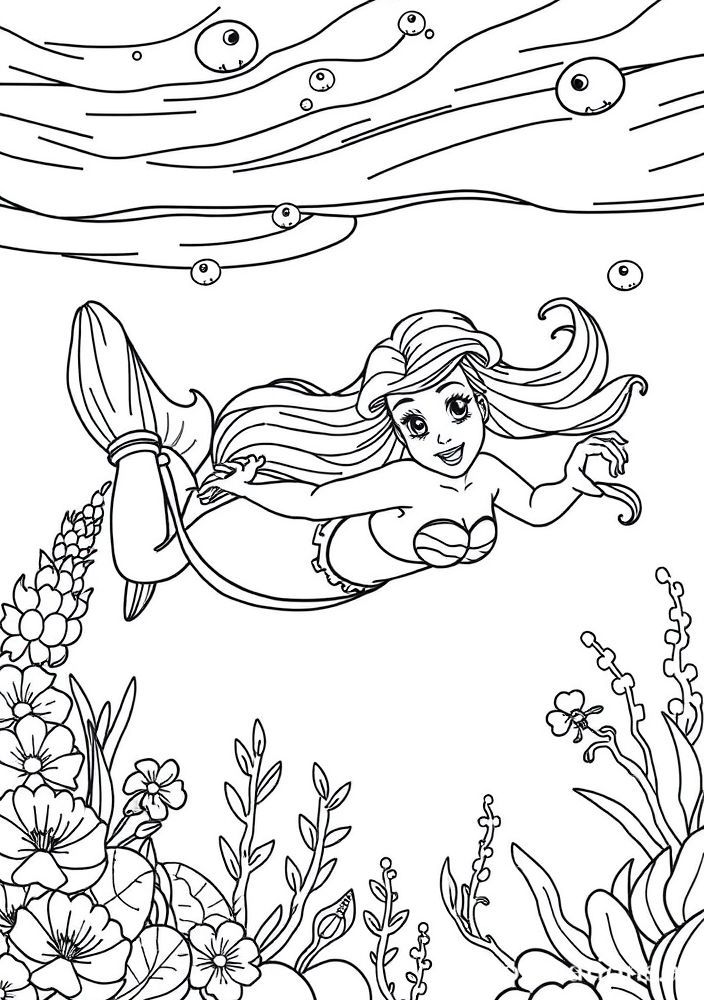 Ariel nadando entre peixes coloridos para colorir