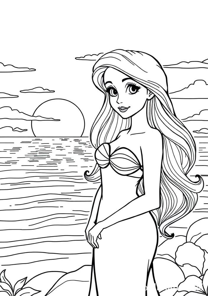 Ariel vestida de humana em uma cena mágica para colorir