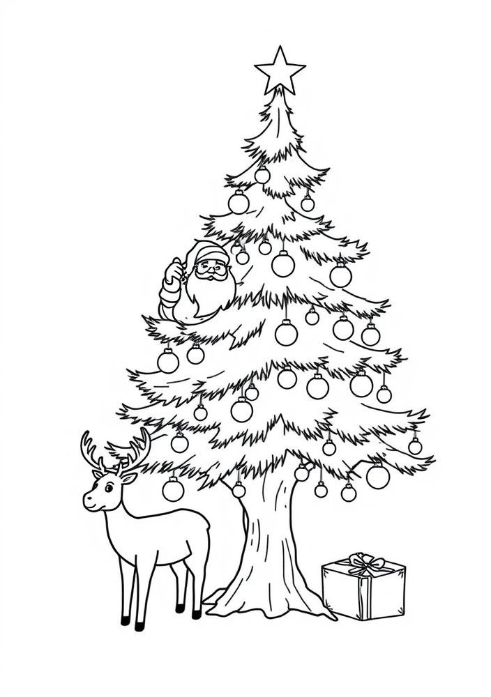 Árvore de Natal com Papai Noel e renas para colorir