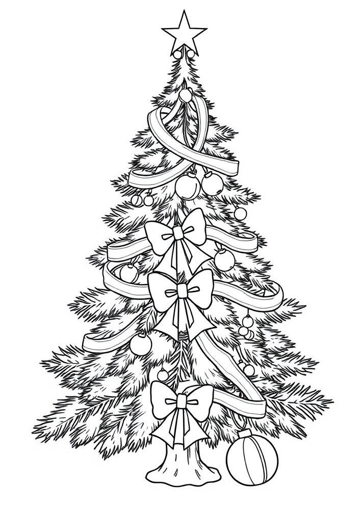Árvore de Natal com laços e sinos para colorir