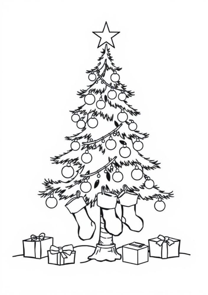 Árvore de Natal com meias penduradas para colorir
