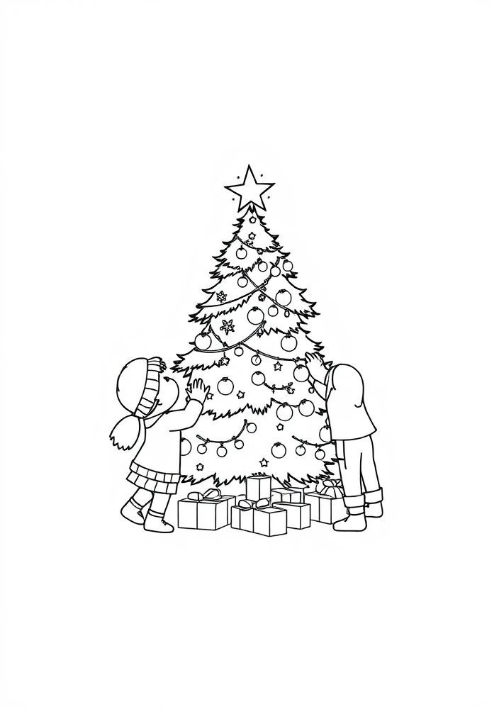 Árvore de Natal com menininho e menininha para colorir