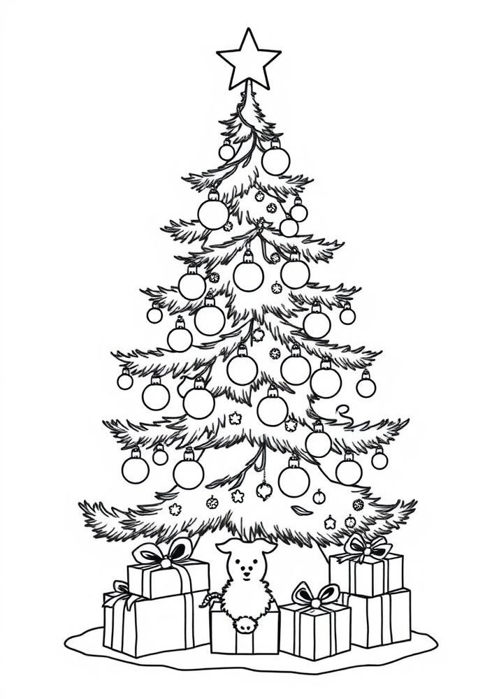 Árvore de Natal com presentes em forma de animais para colorir