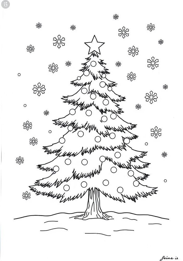 Árvore de Natal em meio a flocos de neve para colorir