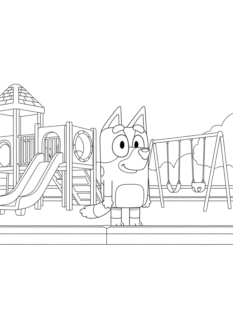 Bluey para colorir no parque infantil com balanço e escorrega