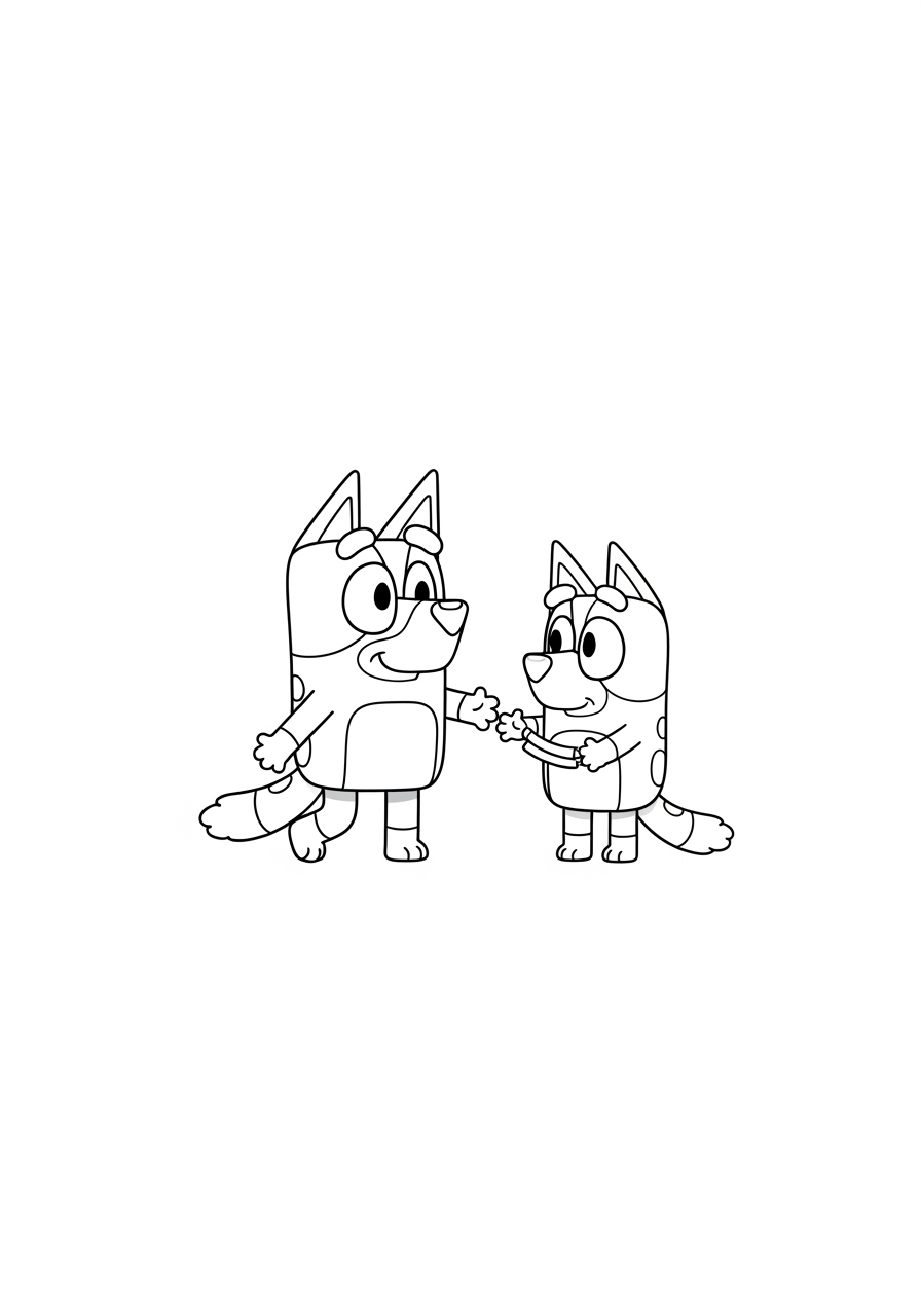 Bluey e sua irmã Bingo desenho para colorir mãos dadas sorrindo