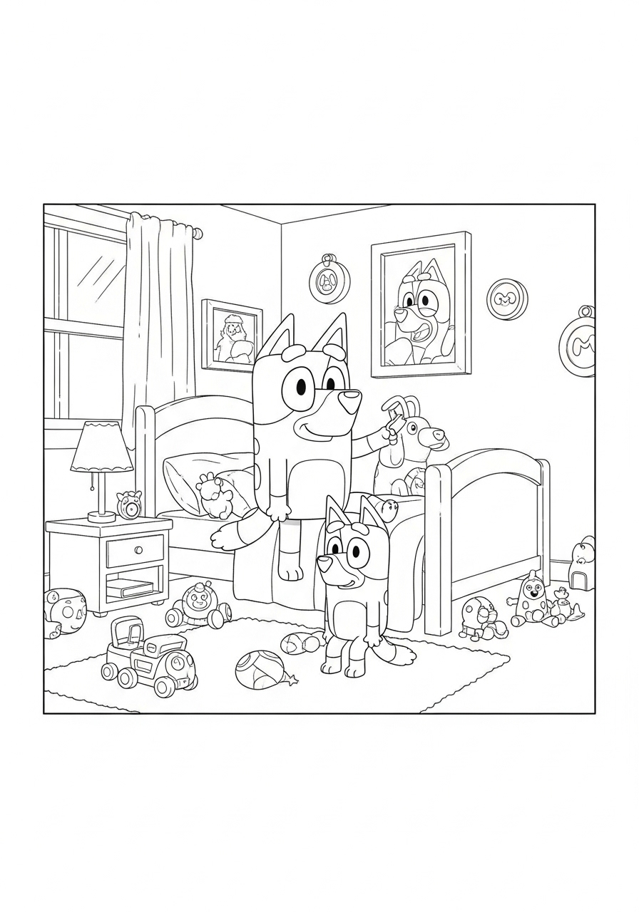 Bluey e Bingo no quarto desenho para colorir com muitos brinquedos