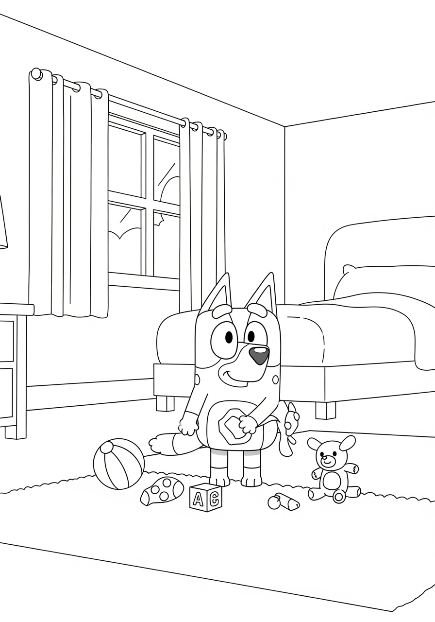 Bluey no quarto com brinquedos e cama