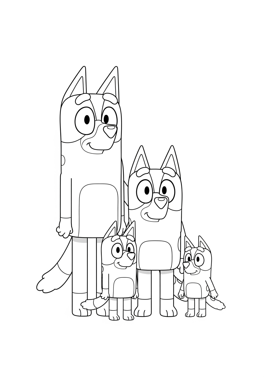 Desenho da família Bluey para colorir com Bluey Bingo e seus pais