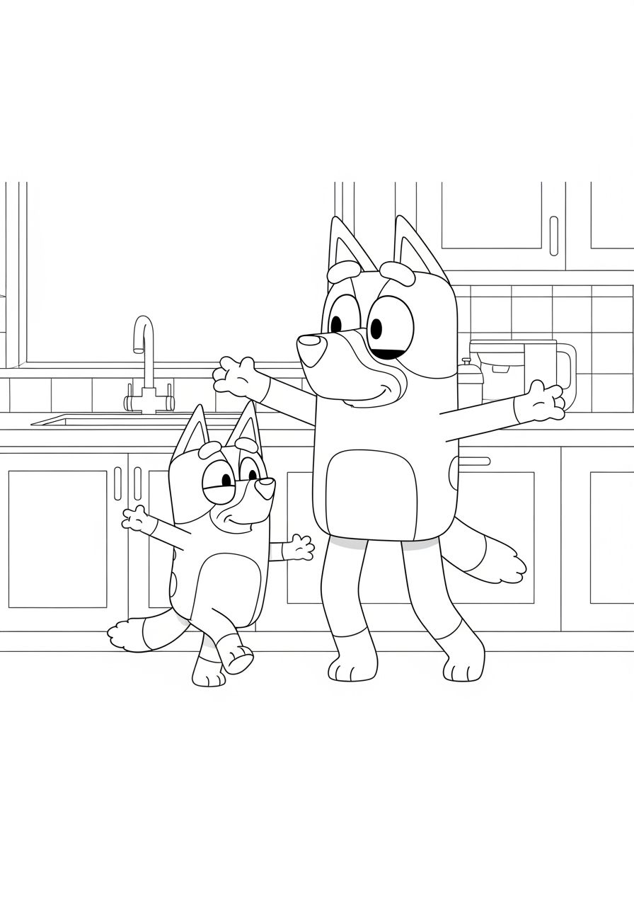 Bluey e Bingo na cozinha desenho para colorir e imprimir grátis