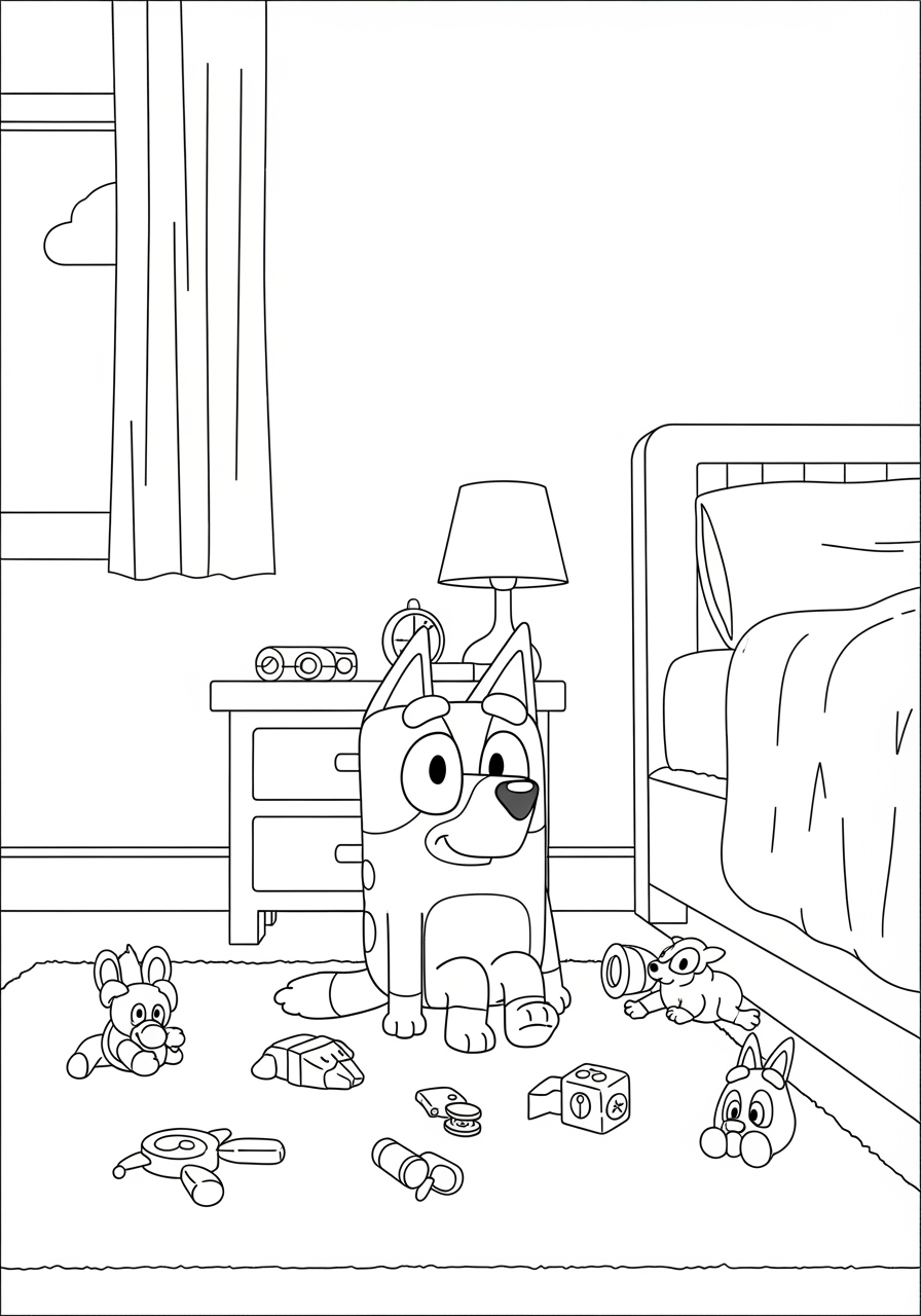 Desenho de Bluey com brinquedos no quarto para colorir e imprimir