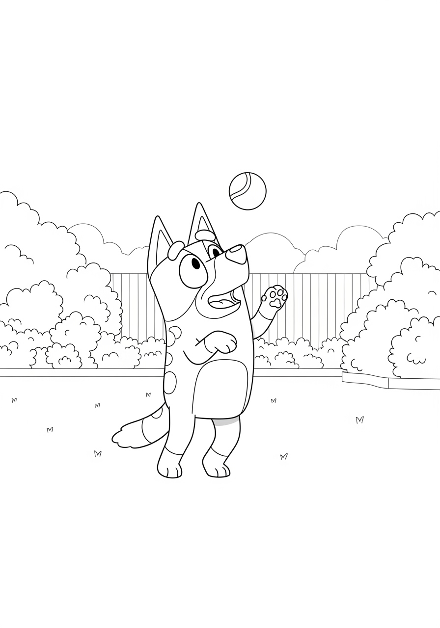 Bluey desenho para colorir brincando com bola no jardim divertido