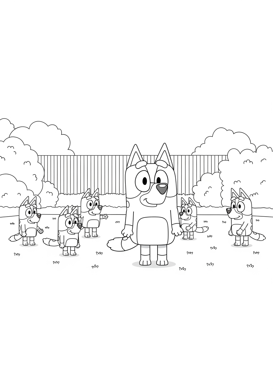 Desenho do Bluey com amigos no jardim para colorir e atividades infantis