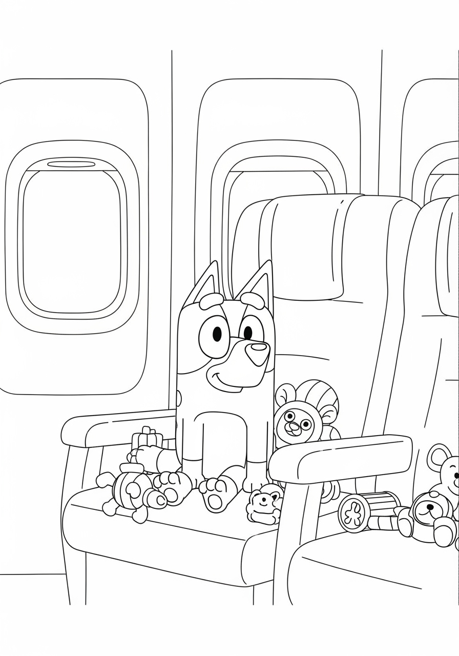Bluey viaja de avião com seus brinquedos