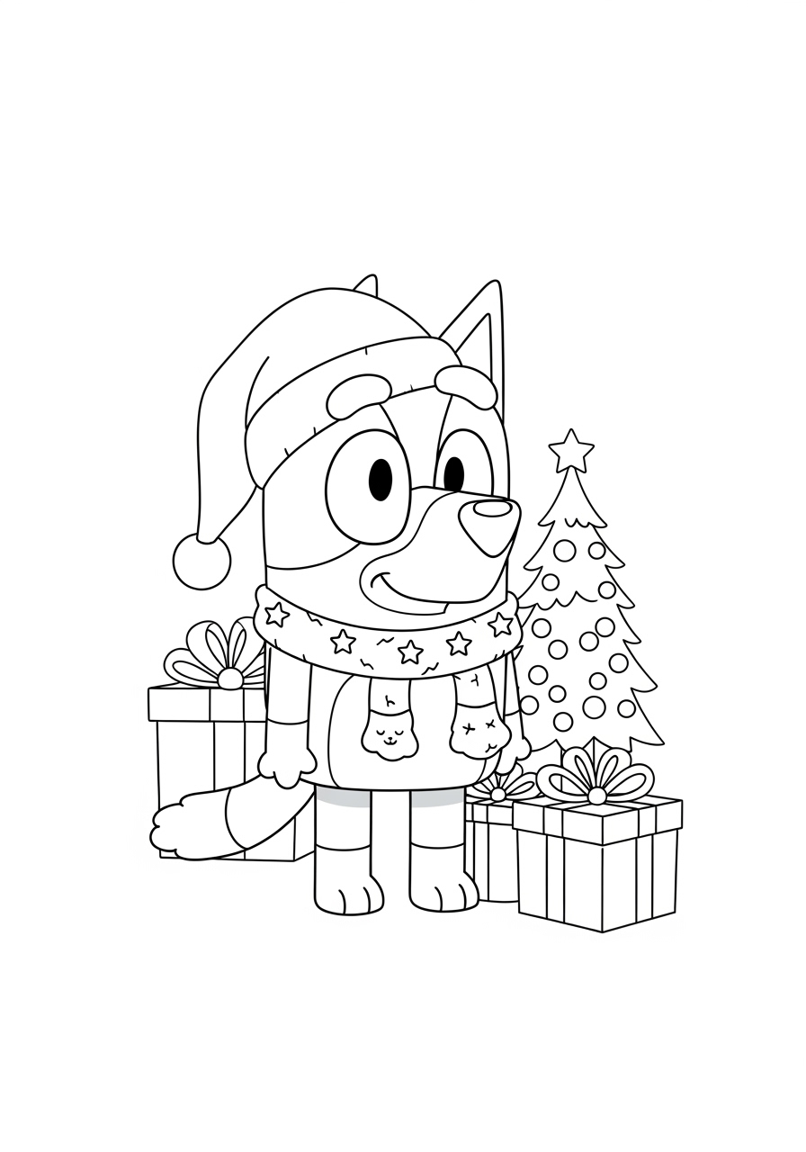 Bluey natalina para colorir com gorro presentes e árvore de Natal