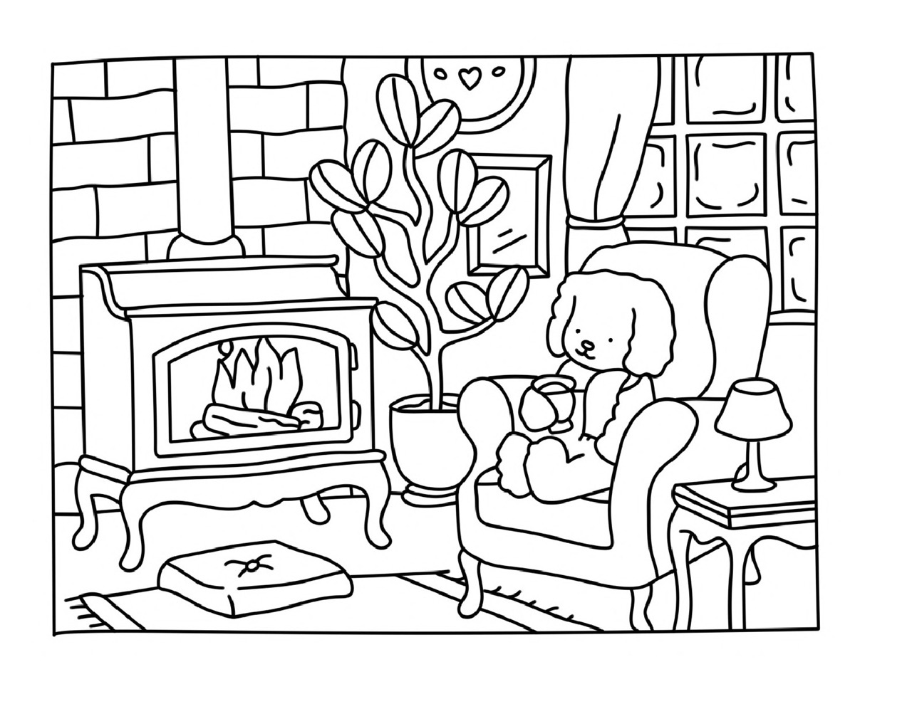 Bobbie Goods relaxando perto da lareira com uma xícara de chá