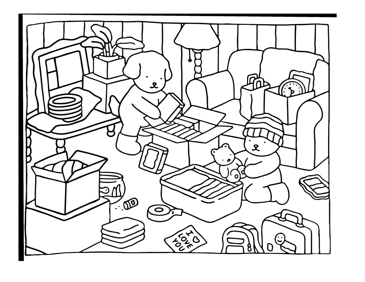 Bobbie Goods organizando caixas em desenho para colorir e imprimir