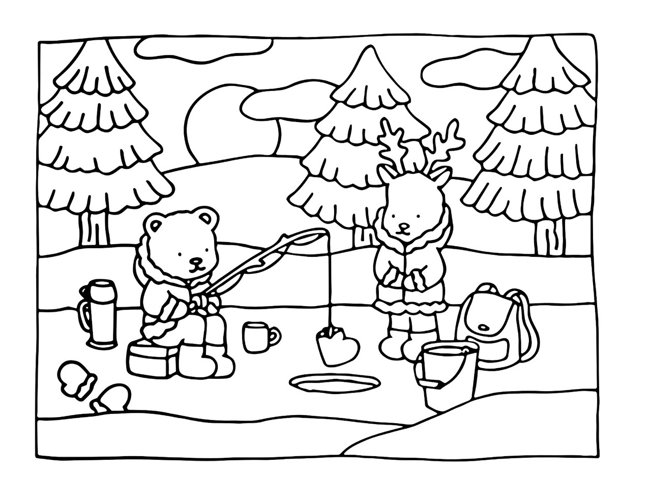 Bobbie Goods pescando no gelo com rena em desenho para colorir