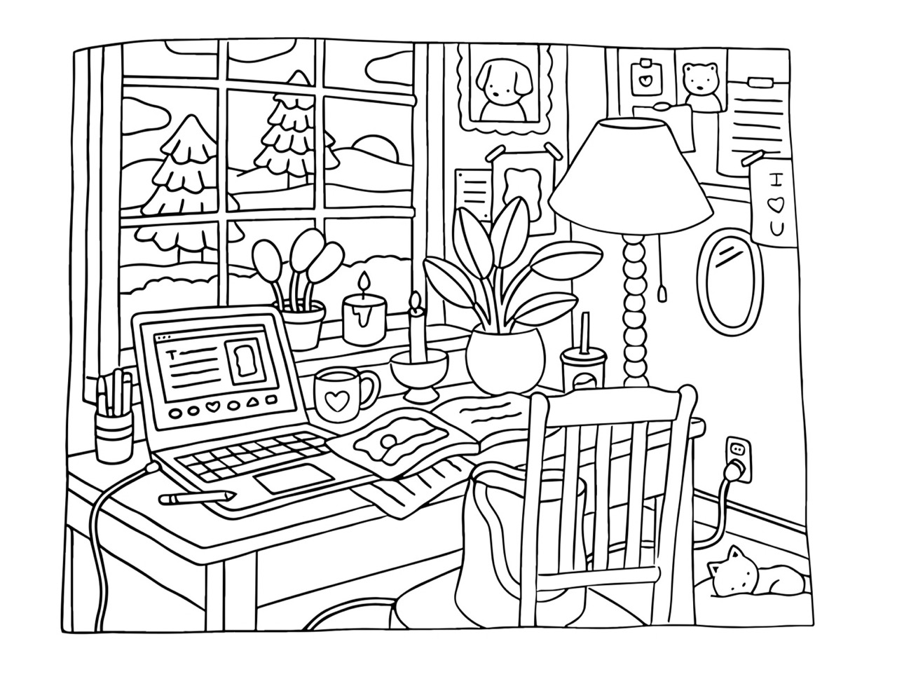 Bobbie Goods trabalhando em seu escritório aconchegante com vista para a neve