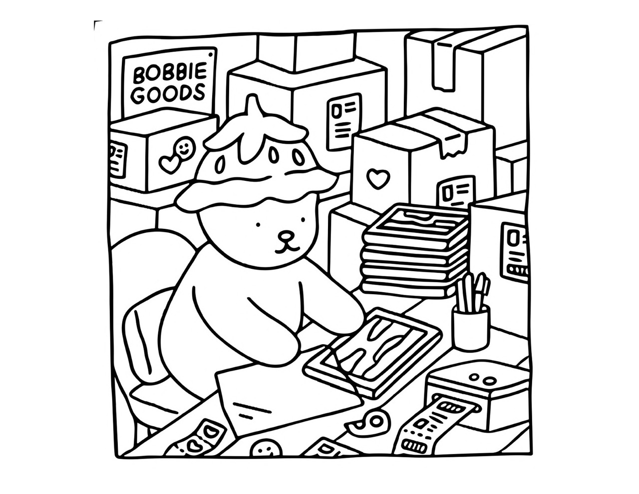 Bobbie Goods trabalhando no escritório com caixas e muitos acessórios