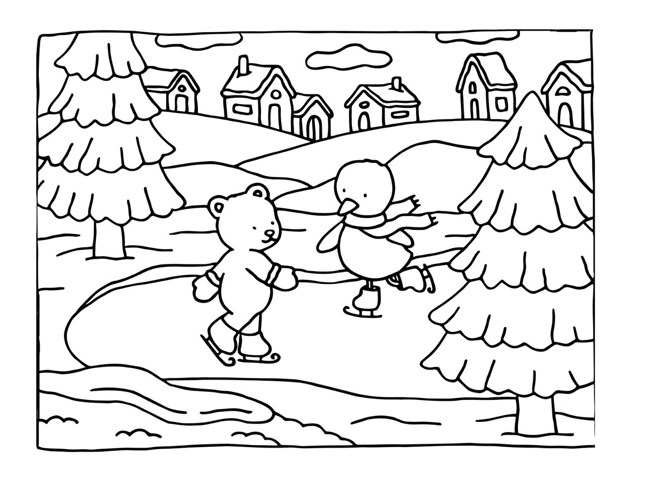 Bobbie Goods patinando no gelo com amigo em paisagem invernal