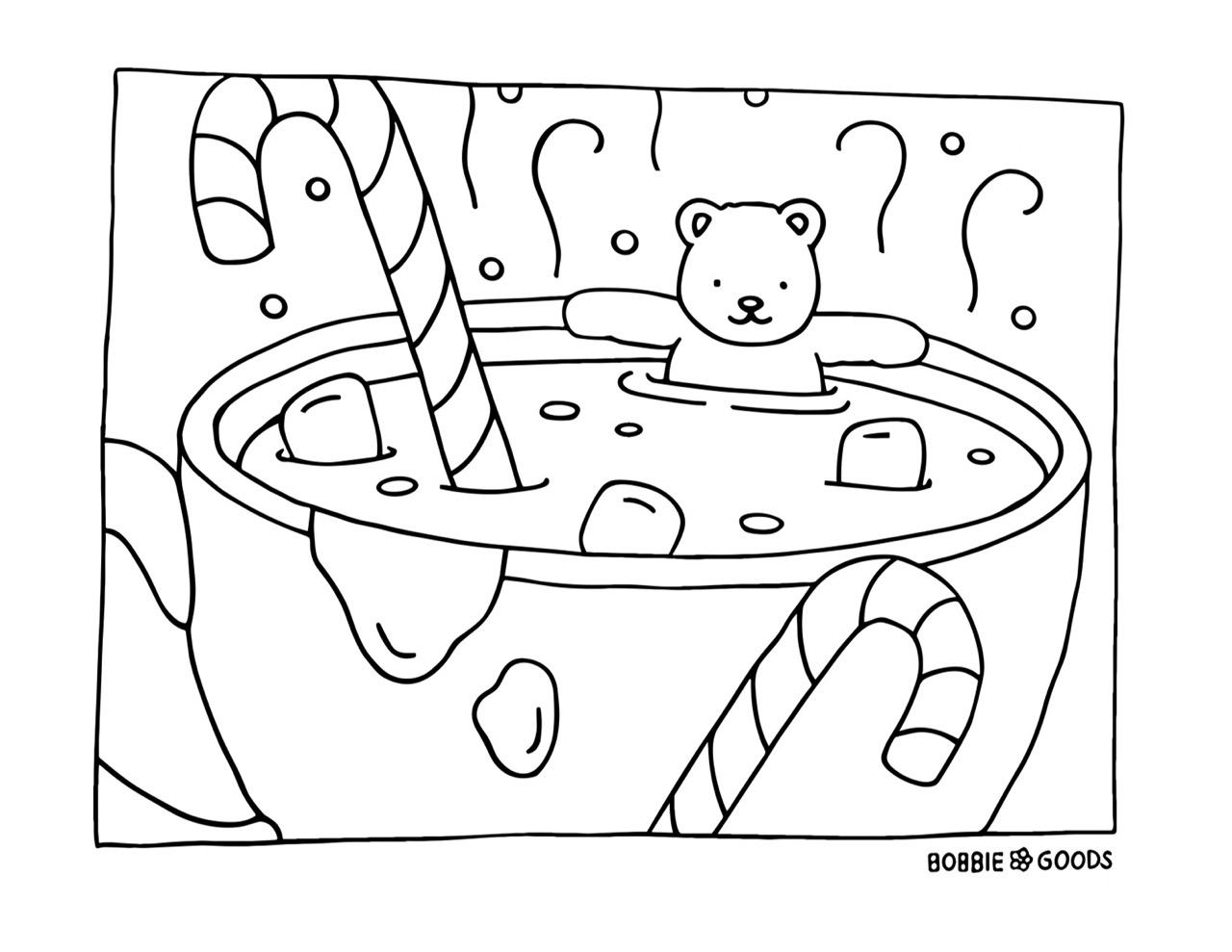 Bobbie Goods urso relaxando em chocolate quente com doces para colorir
