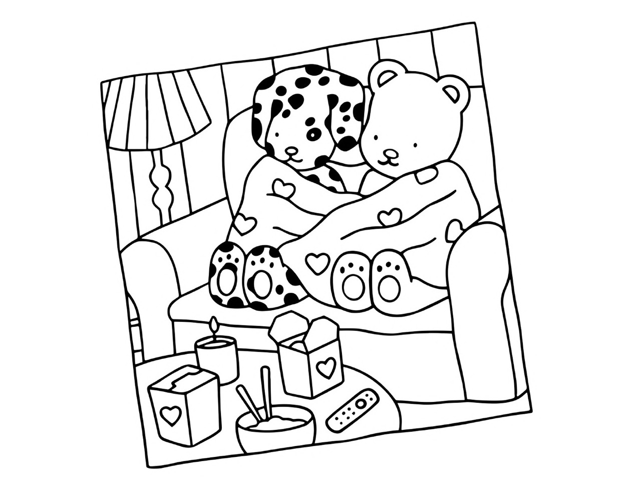 Bobbie Goods abraçando um urso em um sofá com comida e uma lâmpada