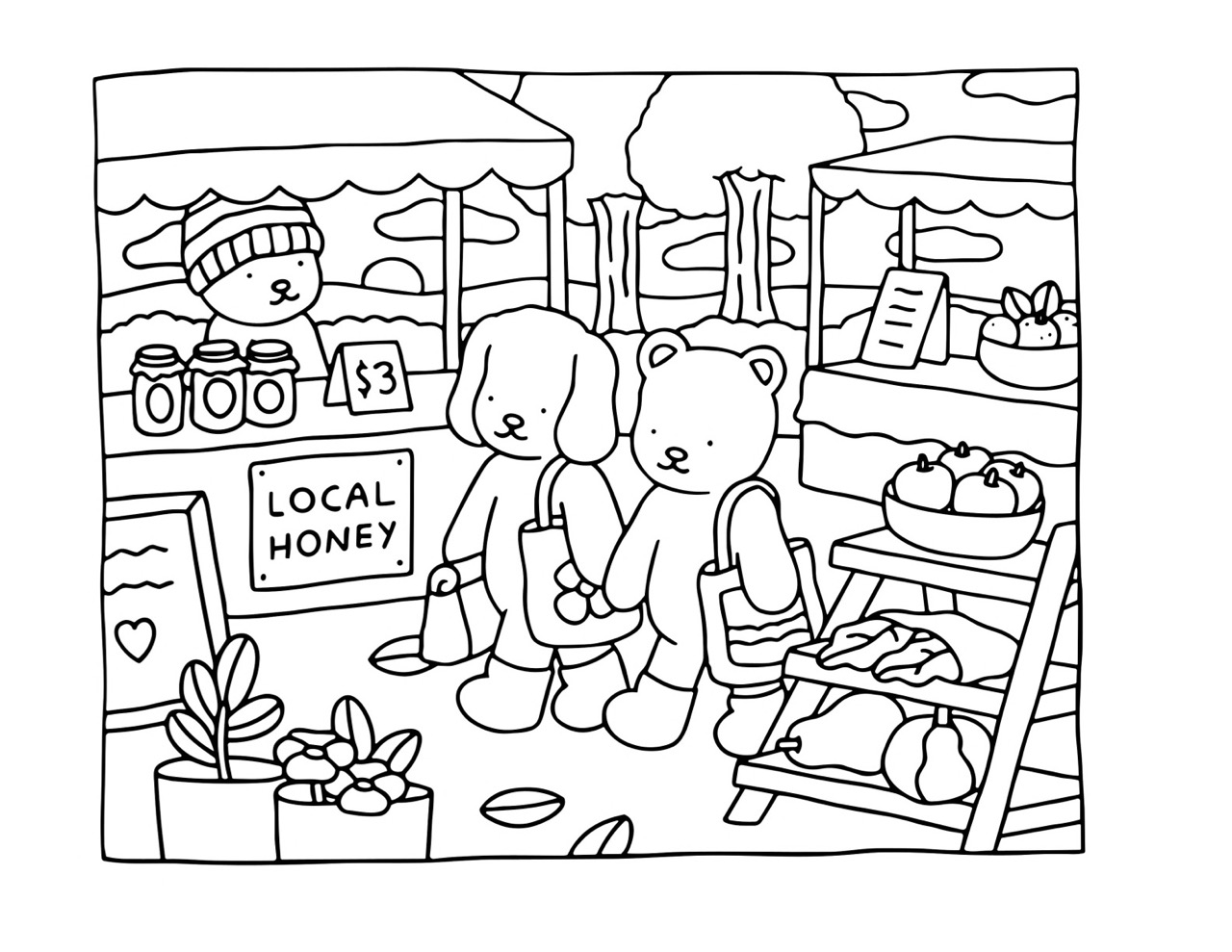 Desenho dos Bobbie Goods no mercado local de frutas