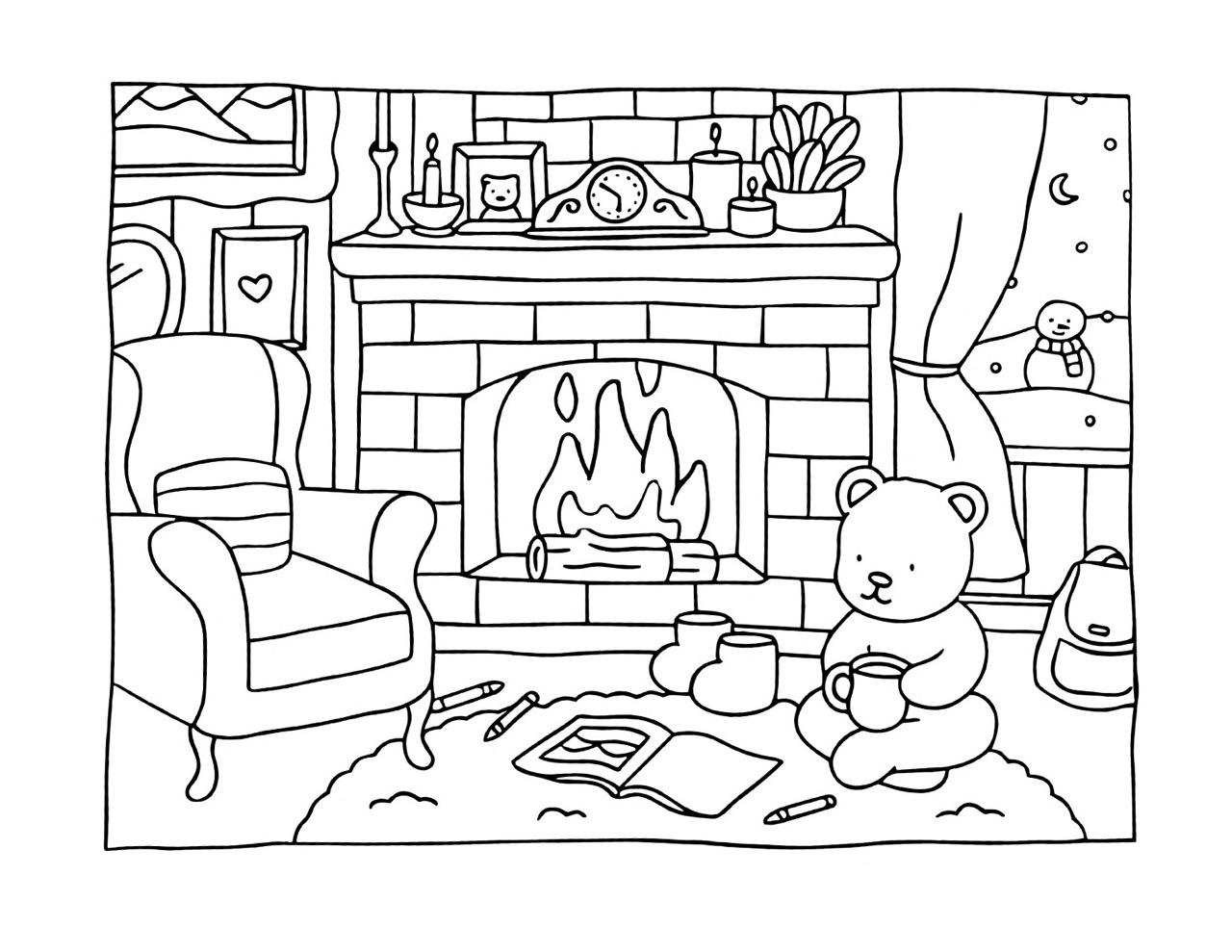 Bobbie Goods relaxando perto da lareira com livro e chocolate quente