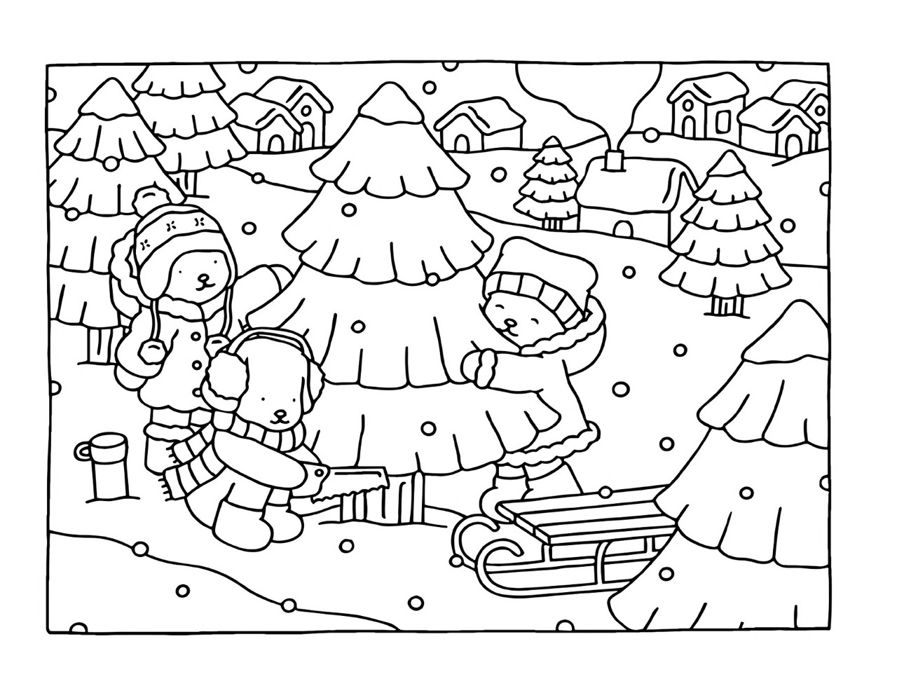 Bobbie Goods cortando árvore de Natal na neve para colorir e imprimir