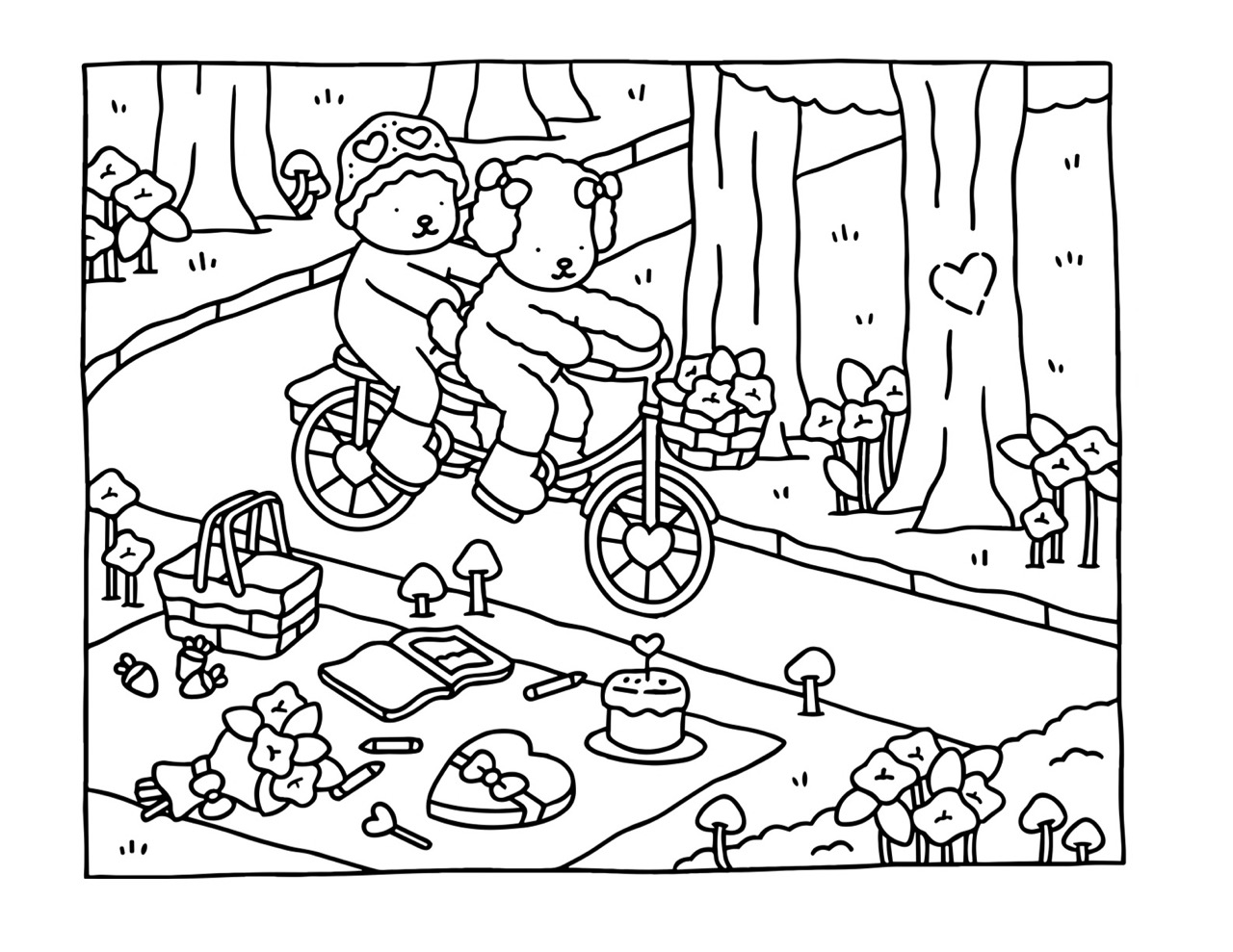 Bobbie Goods piquenique pedalando em bicicleta com amigos na natureza